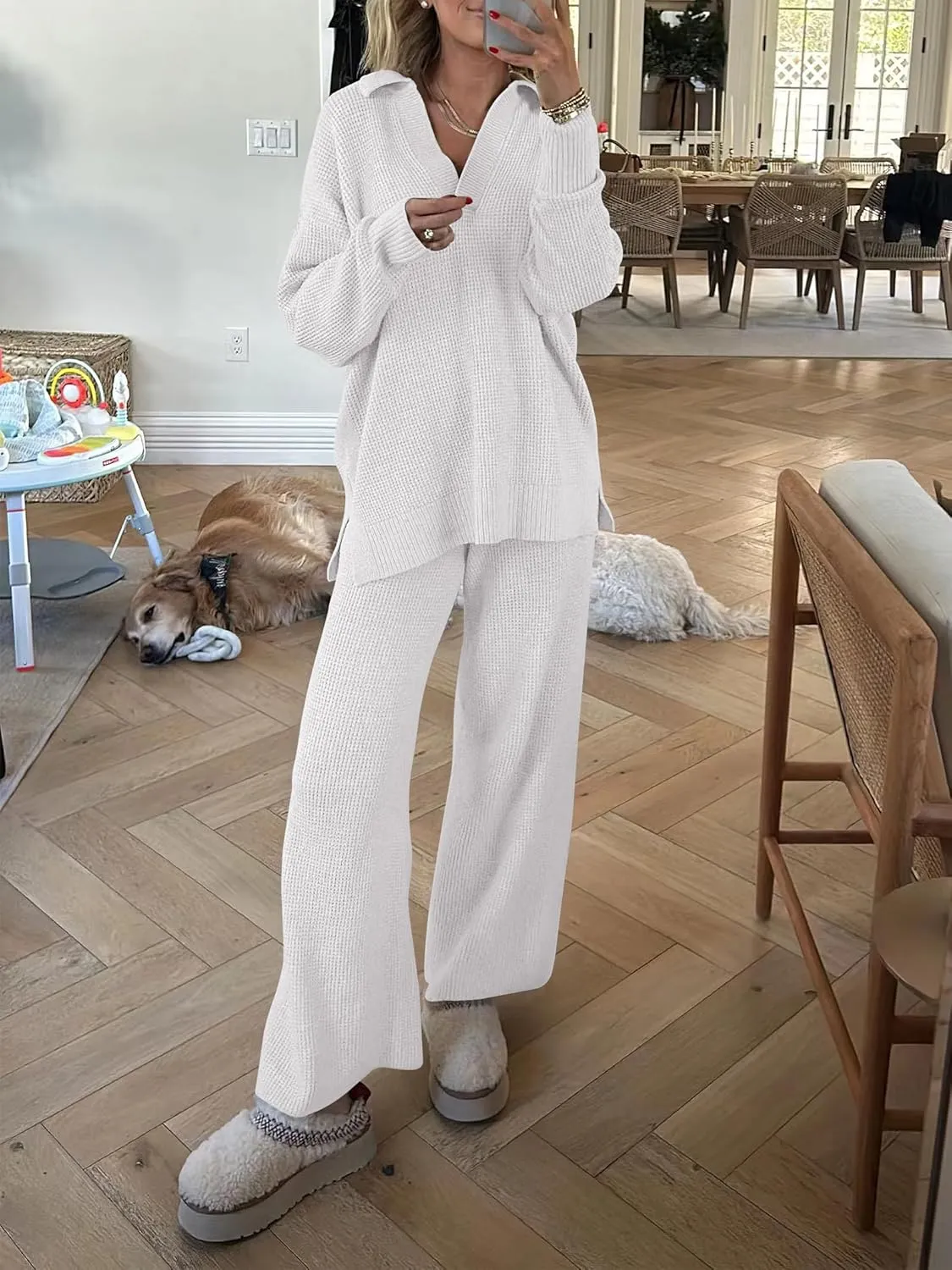 ANRABESS Womens Two Piece Outfits Sweater Sets Waffle Knit Pullover Wide Leg Pants Tracksuit Sweatsuits Matching Lounge Set