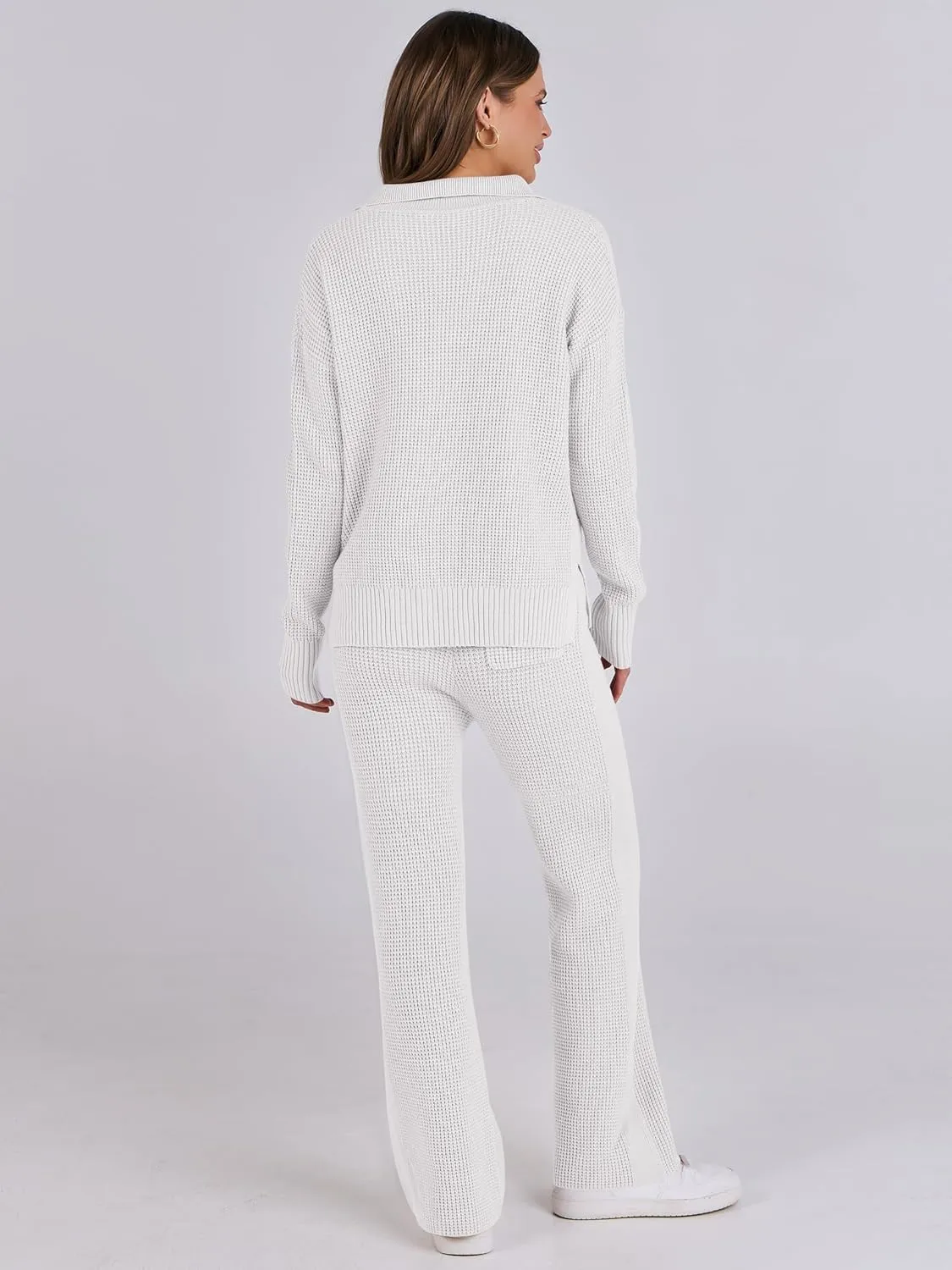 ANRABESS Womens Two Piece Outfits Sweater Sets Waffle Knit Pullover Wide Leg Pants Tracksuit Sweatsuits Matching Lounge Set