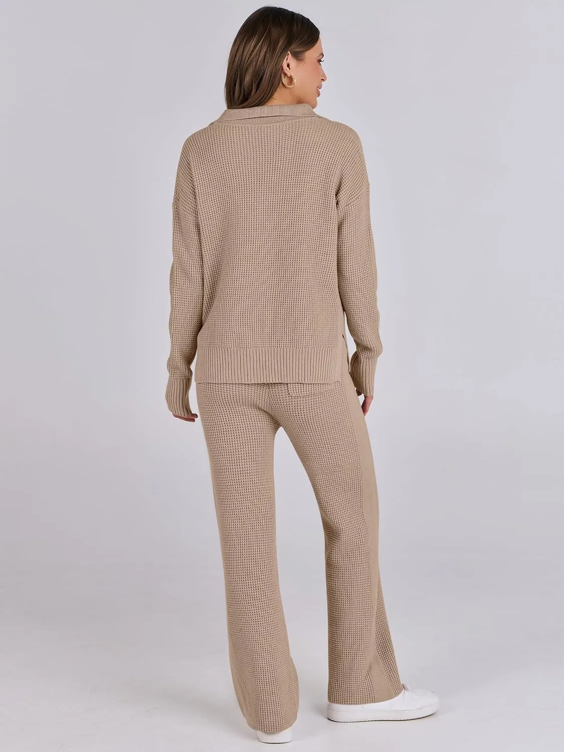 ANRABESS Womens Two Piece Outfits Sweater Sets Waffle Knit Pullover Wide Leg Pants Tracksuit Sweatsuits Matching Lounge Set