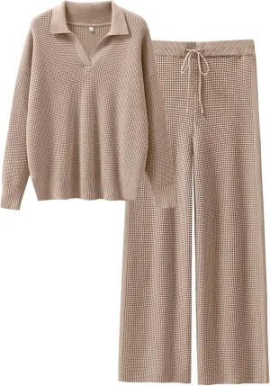 ANRABESS Womens Two Piece Outfits Sweater Sets Waffle Knit Pullover Wide Leg Pants Tracksuit Sweatsuits Matching Lounge Set