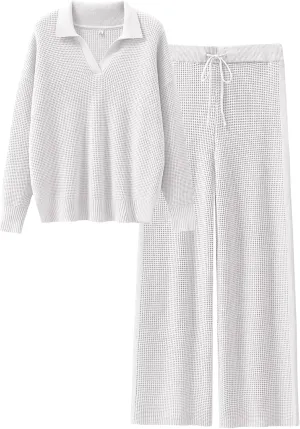 ANRABESS Womens Two Piece Outfits Sweater Sets Waffle Knit Pullover Wide Leg Pants Tracksuit Sweatsuits Matching Lounge Set