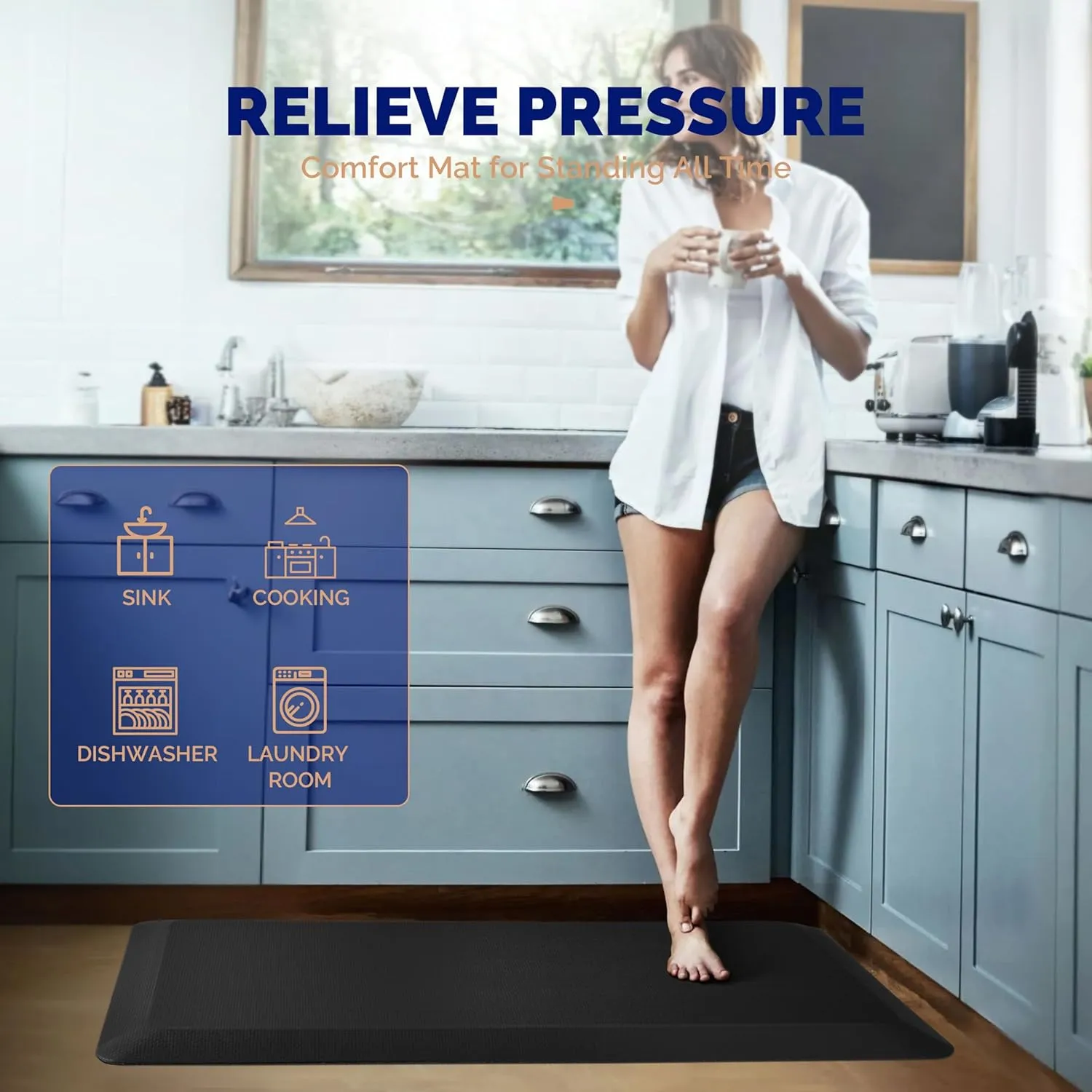 Anti Fatigue Mat Kitchen Floor Mat, FEATOL Standing Desk Mat Foam Cushioned Anti Fatigue Mats Comfort Standing Pad 9/10 Inch Thick (Black, 20x59x9/10-Inch)