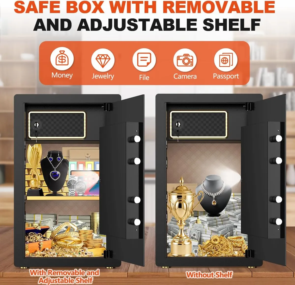 Anti-Theft Digital Safe Box with Fireproof Waterproof Bag, LED Light & Alarm System - Security Safe with Adjustable Shelf for Jewelry, Cash - for Home, Office, Hotel(0.8/1.0/1.3/1.53/2.5/3.1Cuft)