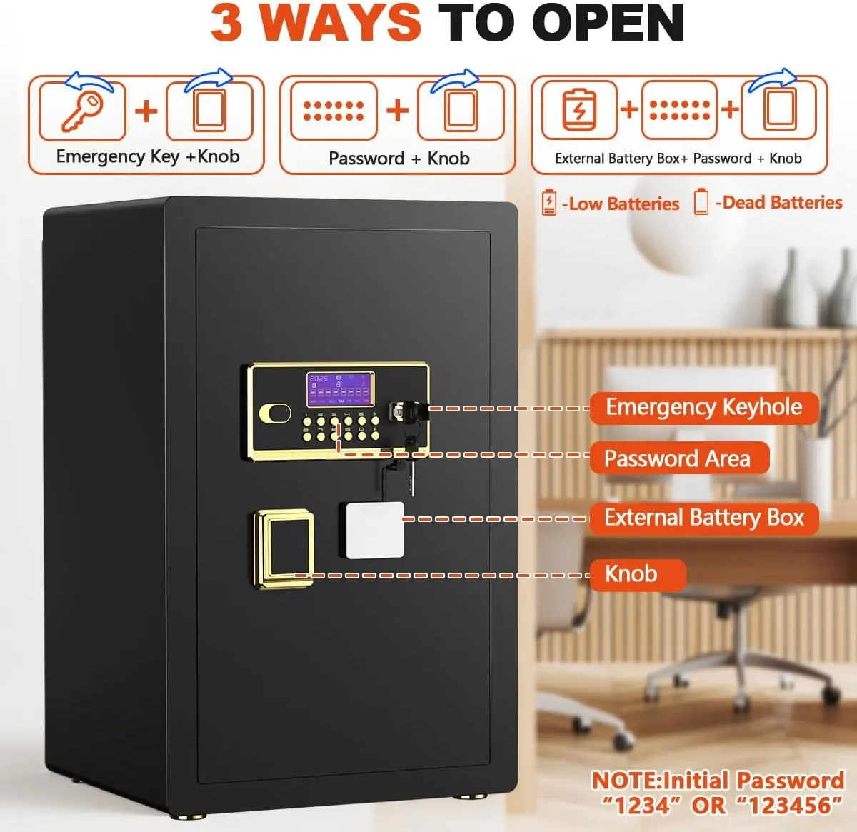 Anti-Theft Digital Safe Box with Fireproof Waterproof Bag, LED Light & Alarm System - Security Safe with Adjustable Shelf for Jewelry, Cash - for Home, Office, Hotel(0.8/1.0/1.3/1.53/2.5/3.1Cuft)
