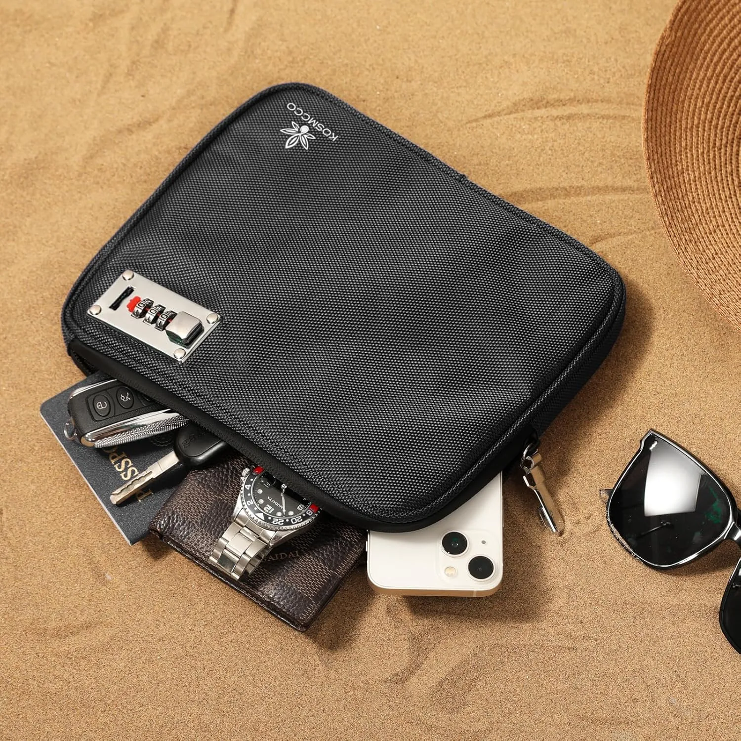 Anti-Theft Locking Beach Bag, 9x7.5-inch Portable Beach Safe for Securing Your Valuables and Phone – Black