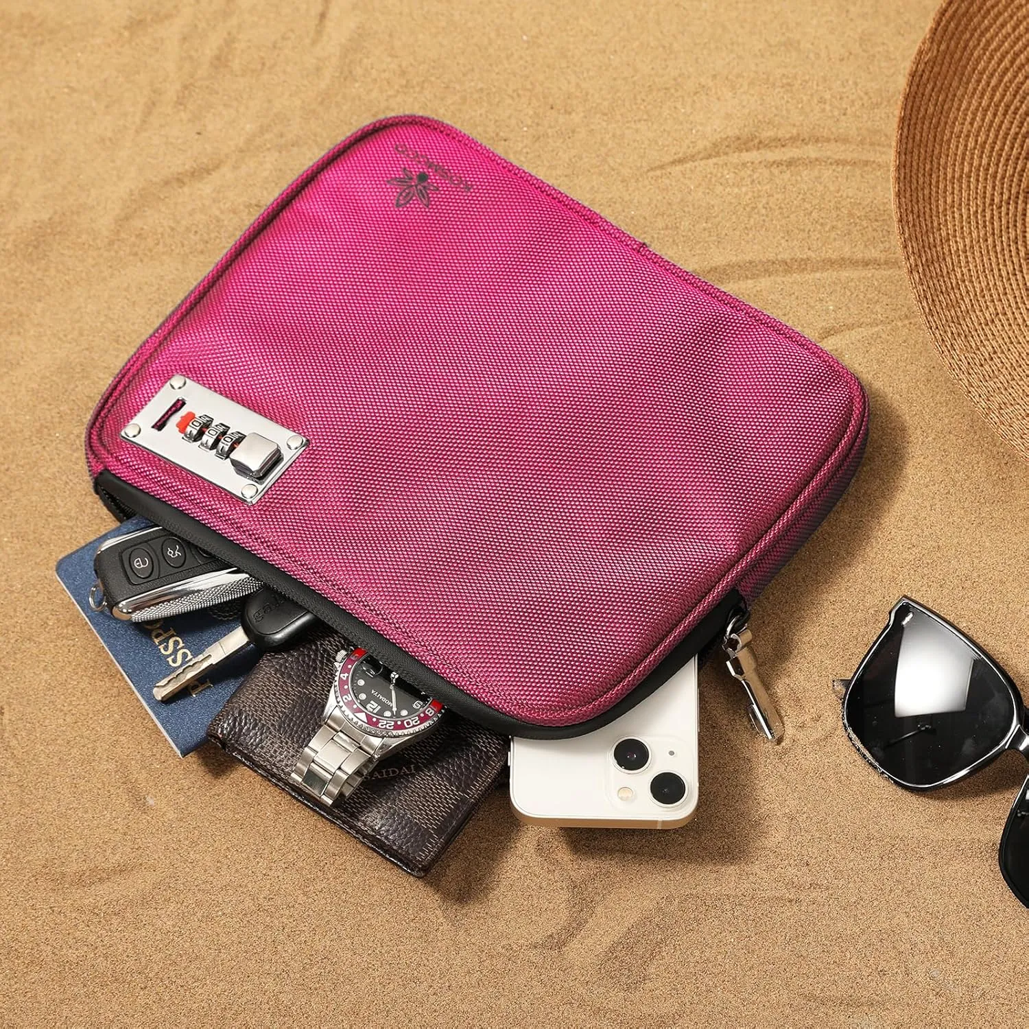 Anti-Theft Locking Beach Bag, 9x7.5-inch Portable Beach Safe for Securing Your Valuables and Phone – Rose Red