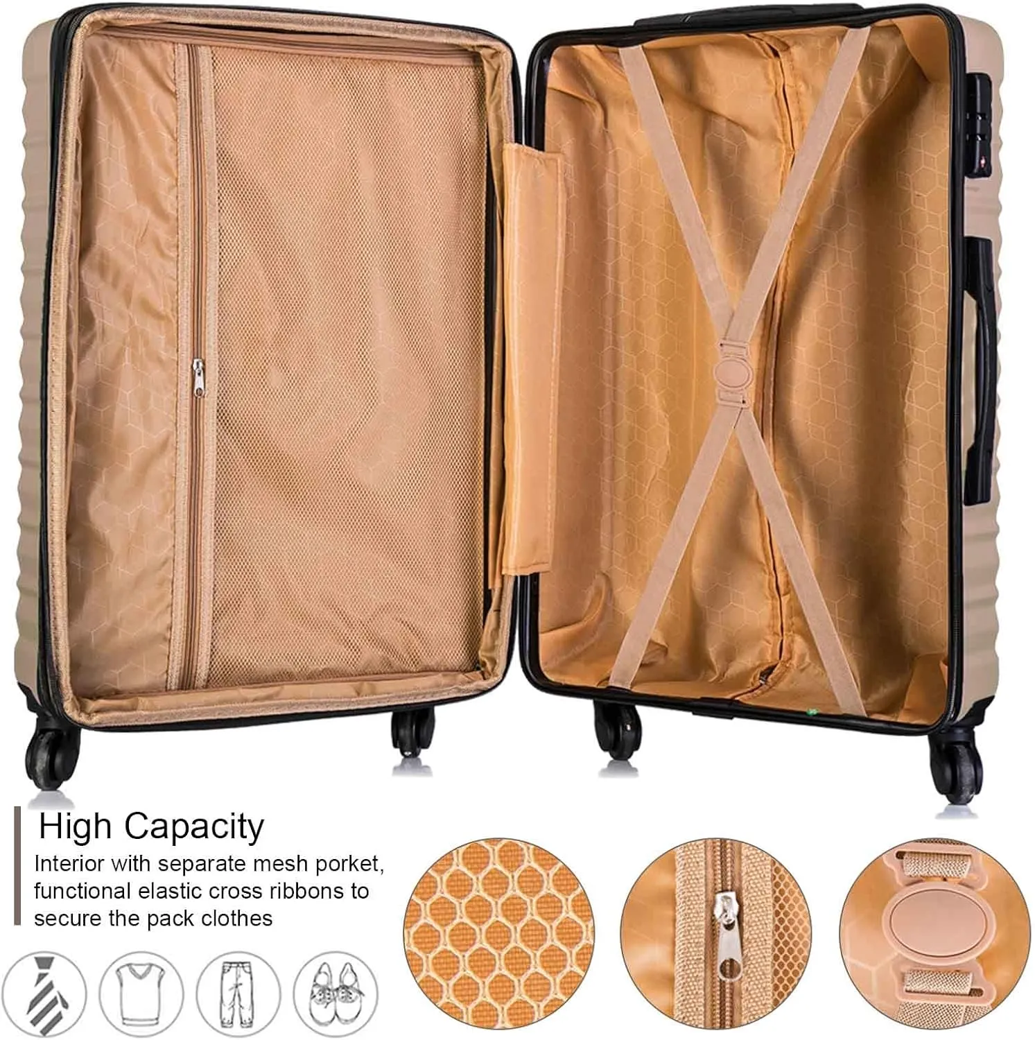 Apelila 4 Piece Hardshell Luggage Sets, Expandable ABS Durable Travel Suitcase Set of 4, Check in with TSA Approved Lock & Carry On Luggages with Spinner Wheels Champagne Gold