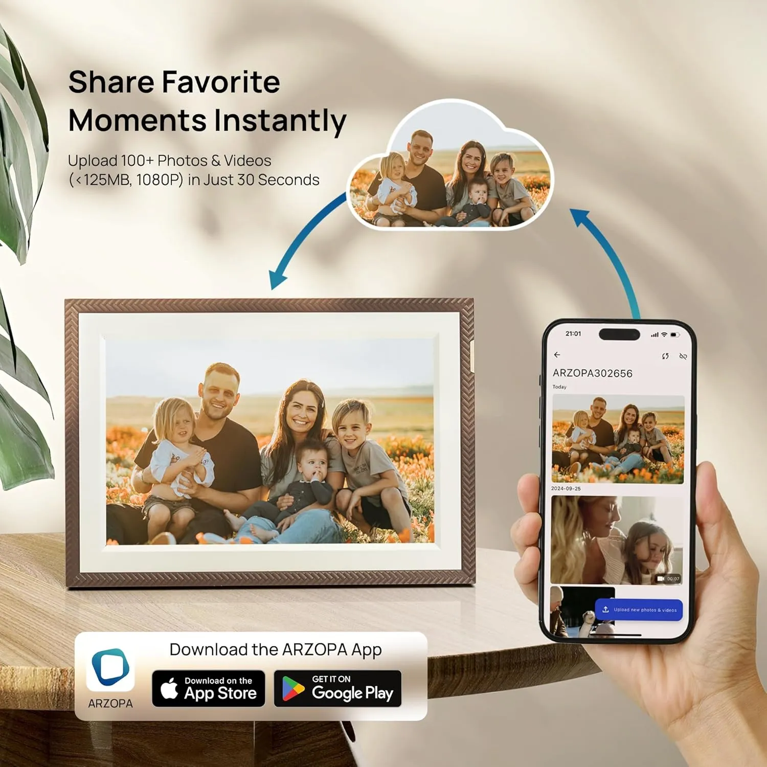 ARZOPA 10.1" WiFi Digital Picture Frame, HD IPS Anti-Glare Touch Screen Digital Photo Frame with 32GB Storage, Wall Mountable, Auto-Rotate, Easy Sharing&Custom Gifting via Free ARZOPA APP for Mom