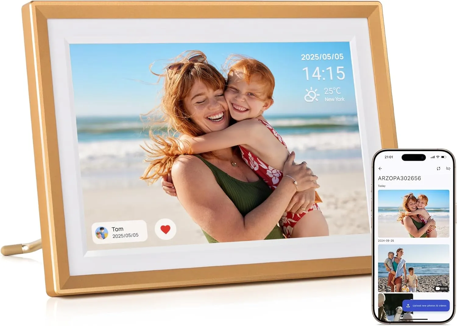 ARZOPA Metal Digital Picture Frame WiFi 10.1" HD IPS Touch Screen Smart Photo Frame Electronic Free Arzopa App Custom Picture Frame for Gifting Easy Share Unlimited Photos Videos - D10 Gold