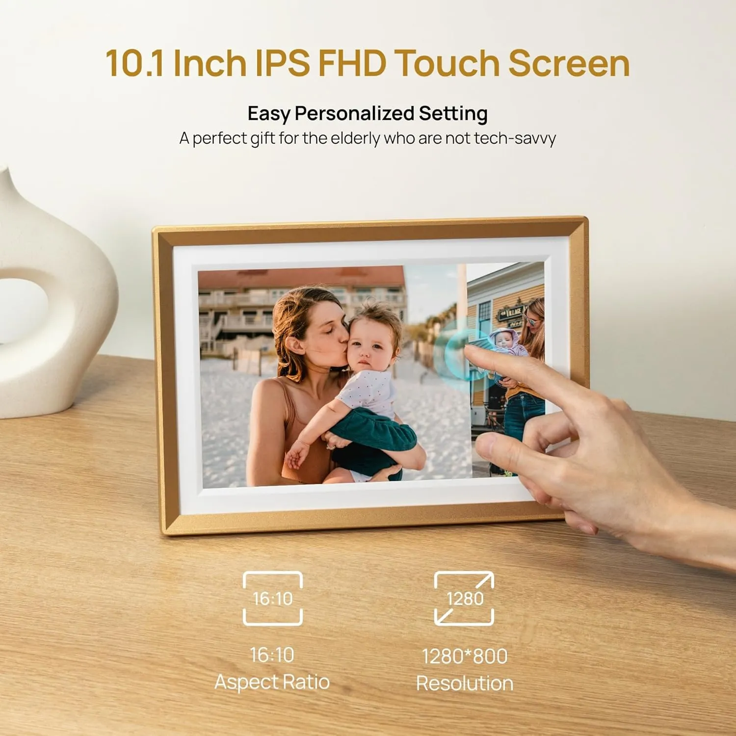 ARZOPA Metal Digital Picture Frame WiFi 10.1" HD IPS Touch Screen Smart Photo Frame Electronic Free Arzopa App Custom Picture Frame for Gifting Easy Share Unlimited Photos Videos - D10 Gold