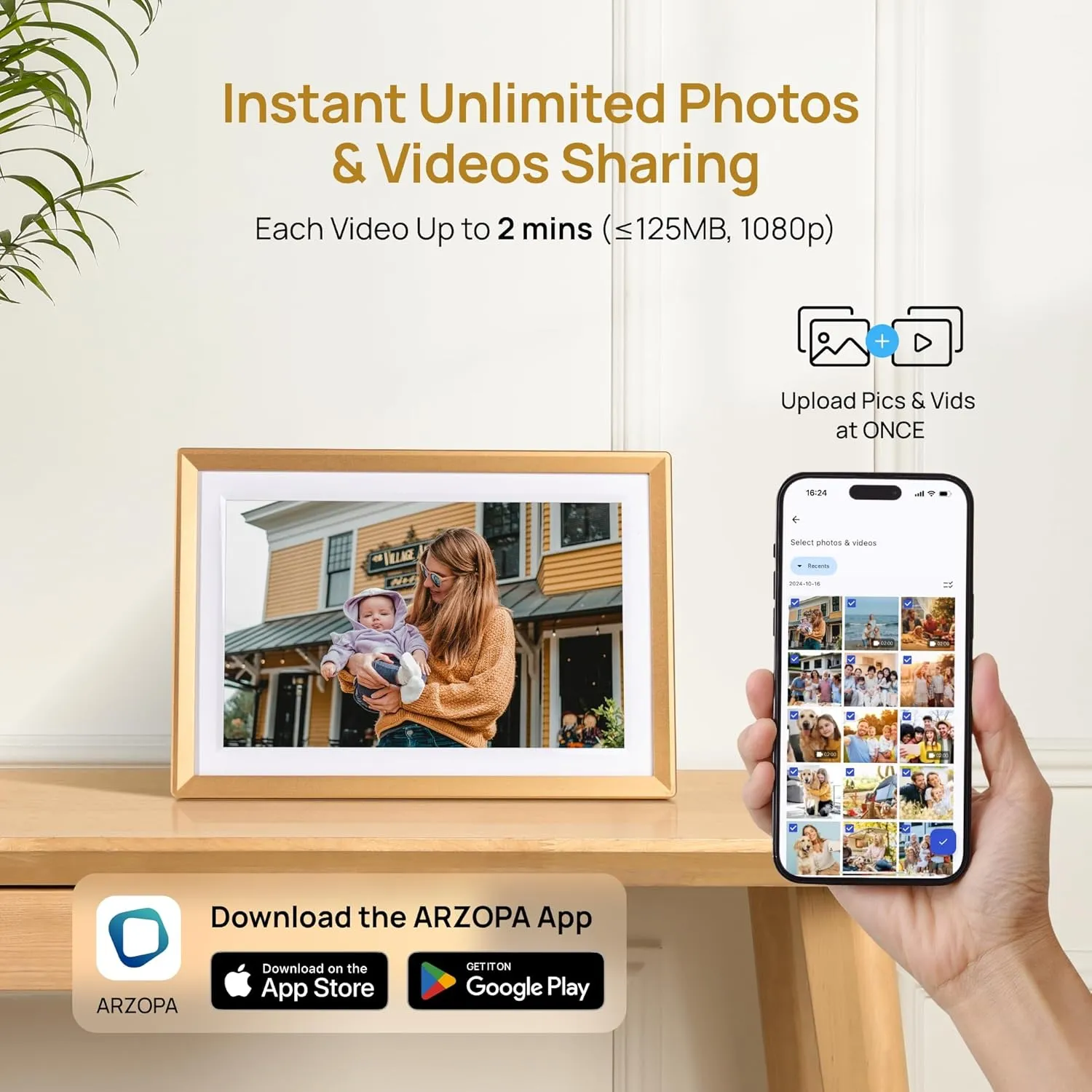 ARZOPA Metal Digital Picture Frame WiFi 10.1" HD IPS Touch Screen Smart Photo Frame Electronic Free Arzopa App Custom Picture Frame for Gifting Easy Share Unlimited Photos Videos - D10 Gold