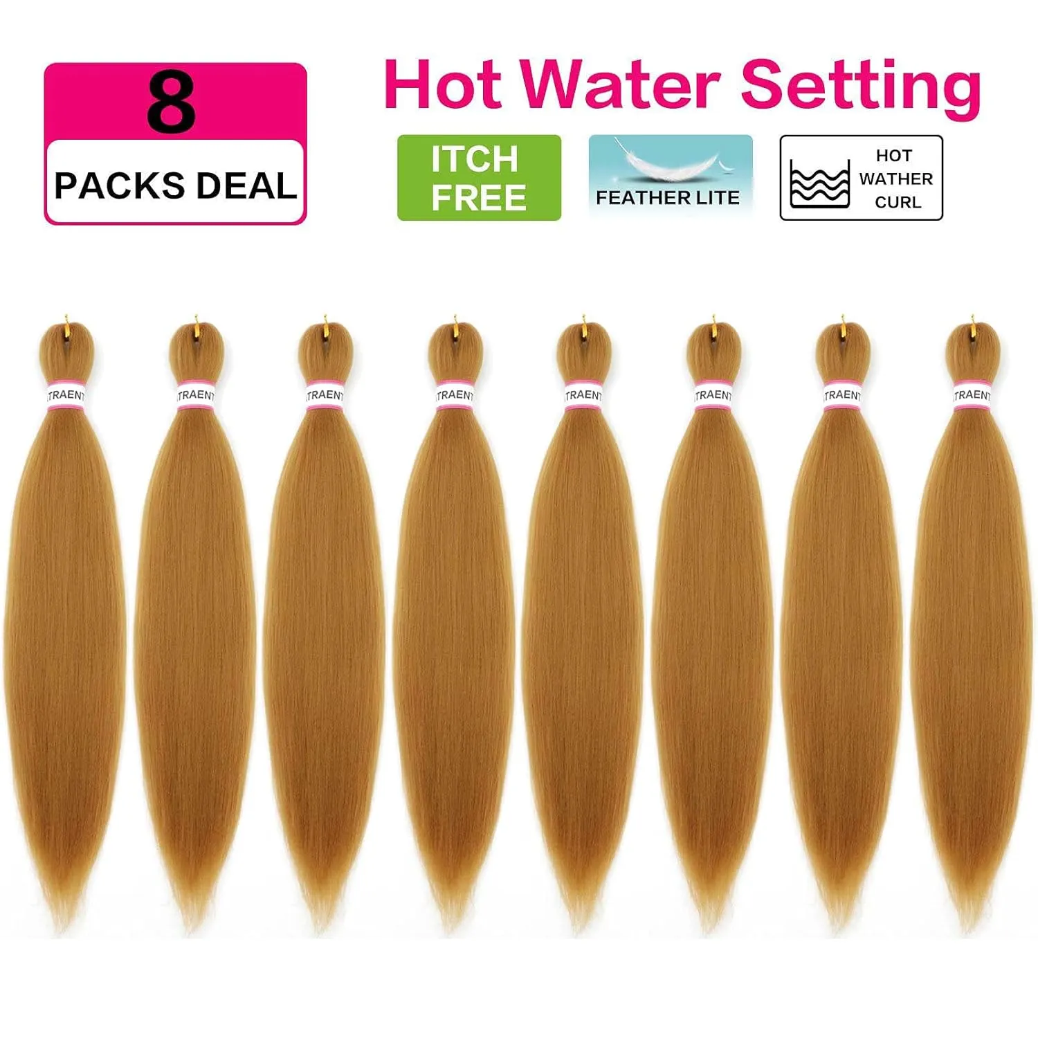 ATRAENTE Honey Blonde Braiding Hair,20 Inch 8packs Pre Stretched Braiding Hair,Professional Synthetic Box Braids Crochet Braids Extension,Itch Free Hot Water Setting Yaki Texture(20 Inch, 27#)