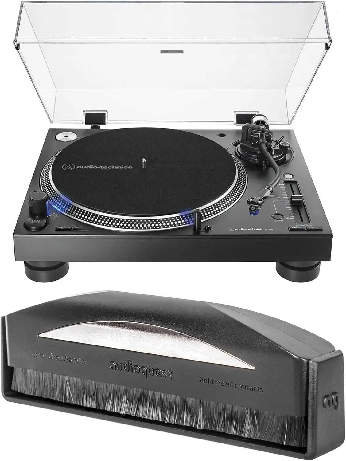 Audio Technica AT-LP140XP-BK DJ Professional Black Turntable with an AudioQuest AQSLVRRECBRUSH Silver Anti-Static Record Brush (2020)
