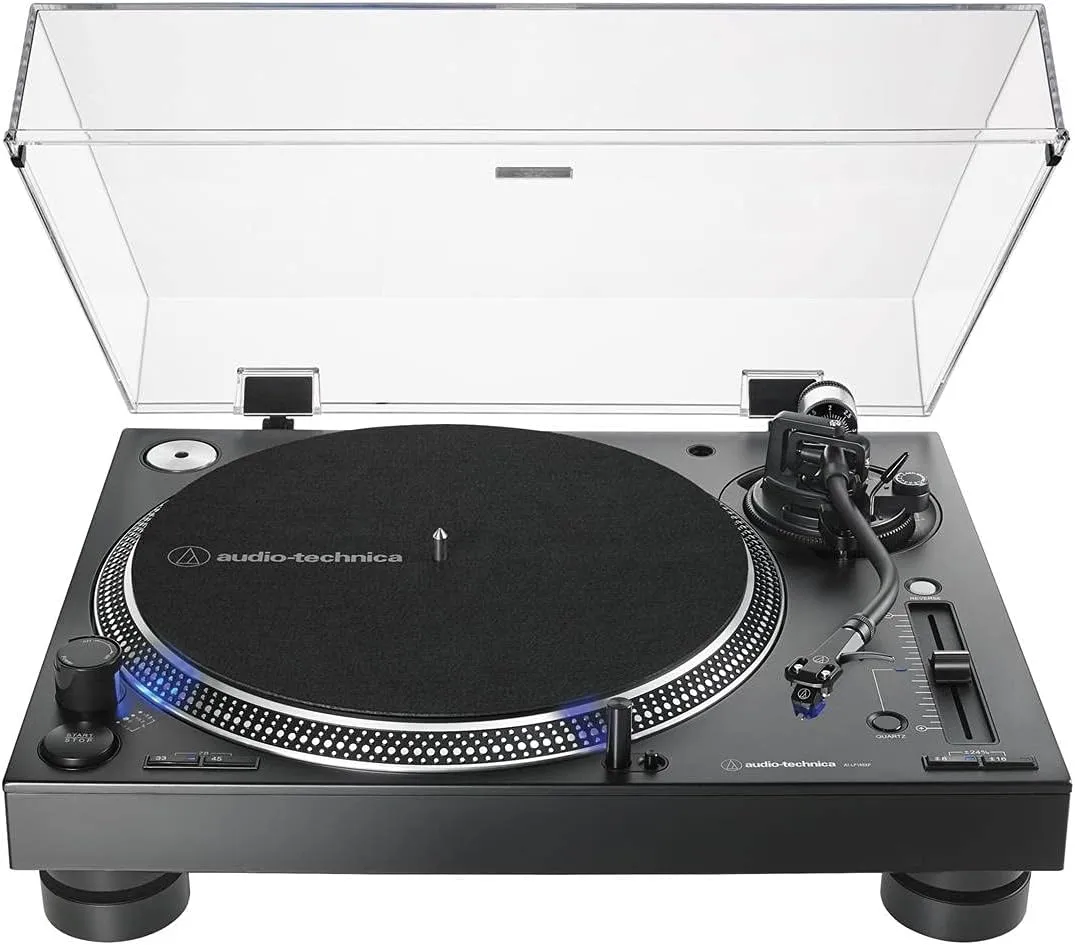 Audio Technica AT-LP140XP-BK DJ Professional Black Turntable with an AudioQuest AQSLVRRECBRUSH Silver Anti-Static Record Brush (2020)
