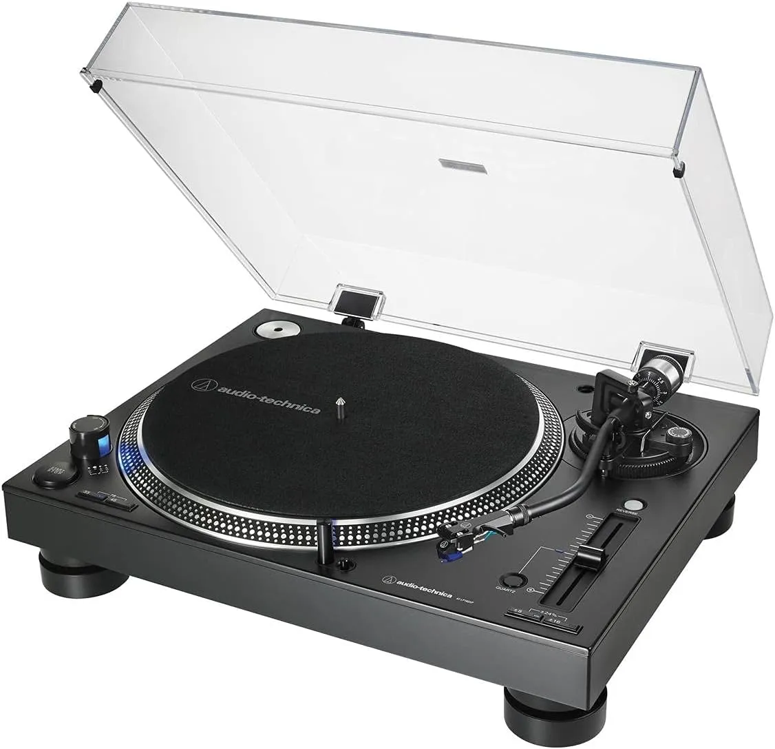 Audio Technica AT-LP140XP-BK DJ Professional Black Turntable with an AudioQuest AQSLVRRECBRUSH Silver Anti-Static Record Brush (2020)