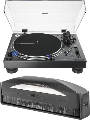Audio Technica AT-LP140XP-BK DJ Professional Black Turntable with an AudioQuest AQSLVRRECBRUSH Silver Anti-Static Record Brush (2020)