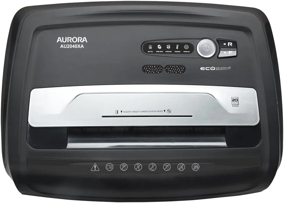 Aurora Anti-Jam 20-Sheet Crosscut CD/Paper and Credit Card Shredder, 7-Gallon pullout Basket, 60 Minutes Continuous Run Time