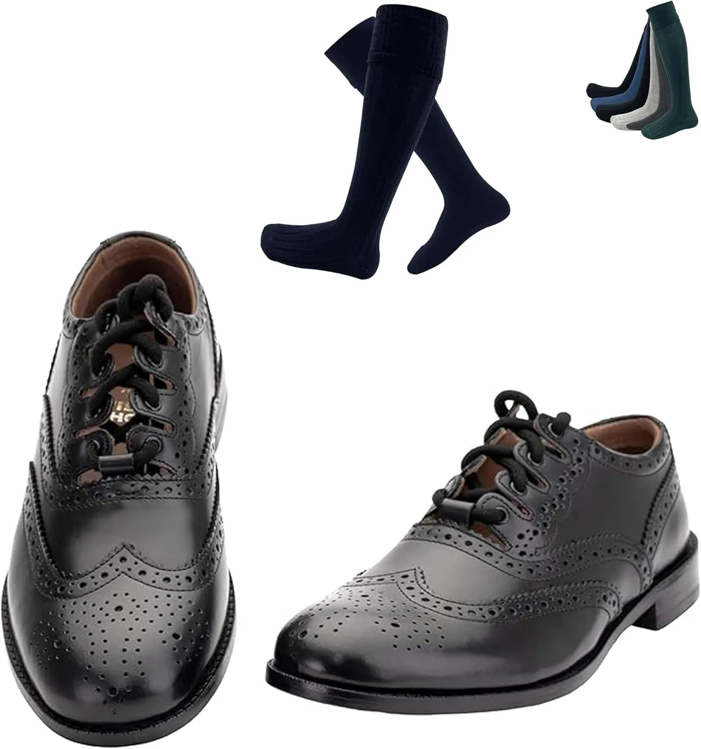 Authentic Scottish Ghillie Brogues with Wool Kilt Hose Socks Socks - 100% Leather, Made in Scotland, Unisex