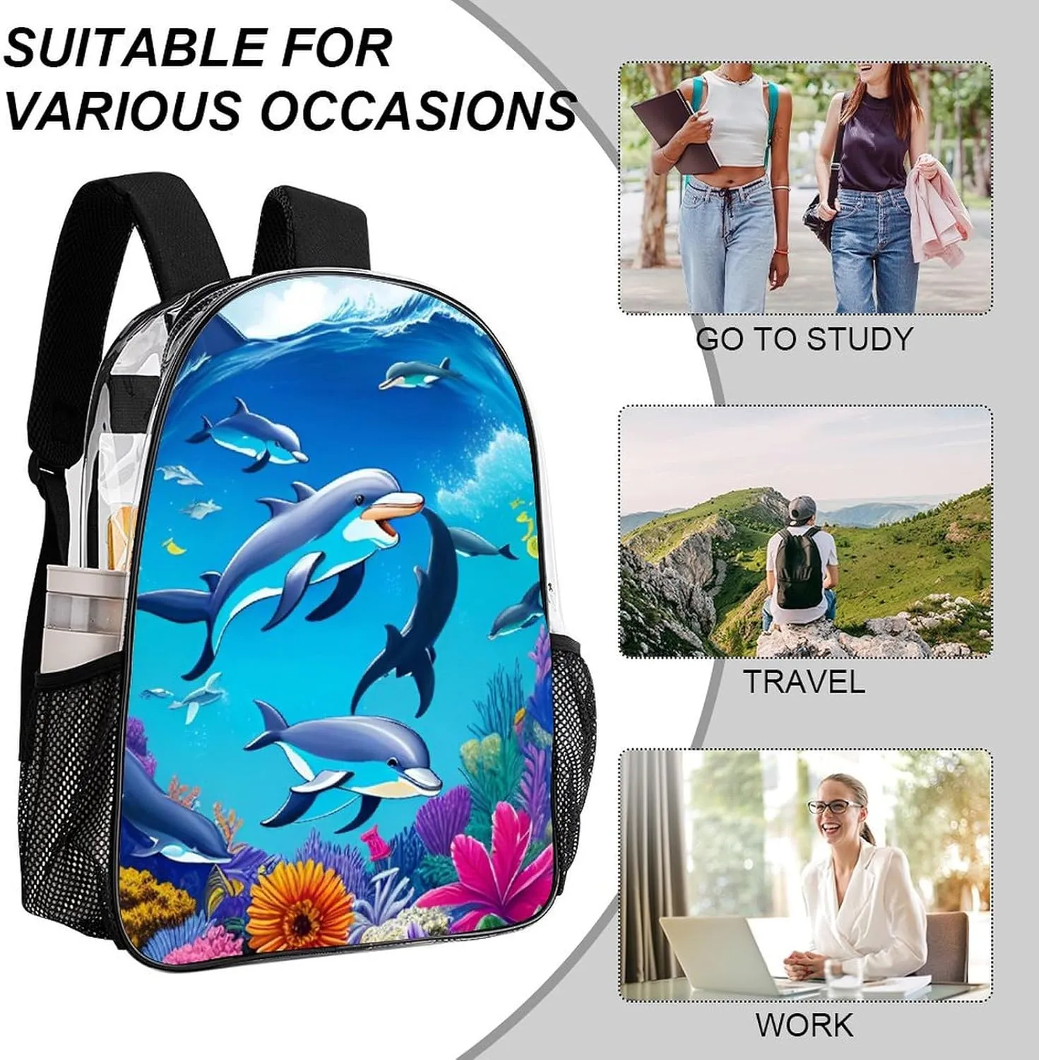 Backpack Anti-Theft Multipurpose Large Capacity Carry On Bag - Dolphins Sea Underwater Beautiful Sea World Art Camping Outdoor Backpack Transparent Bag
