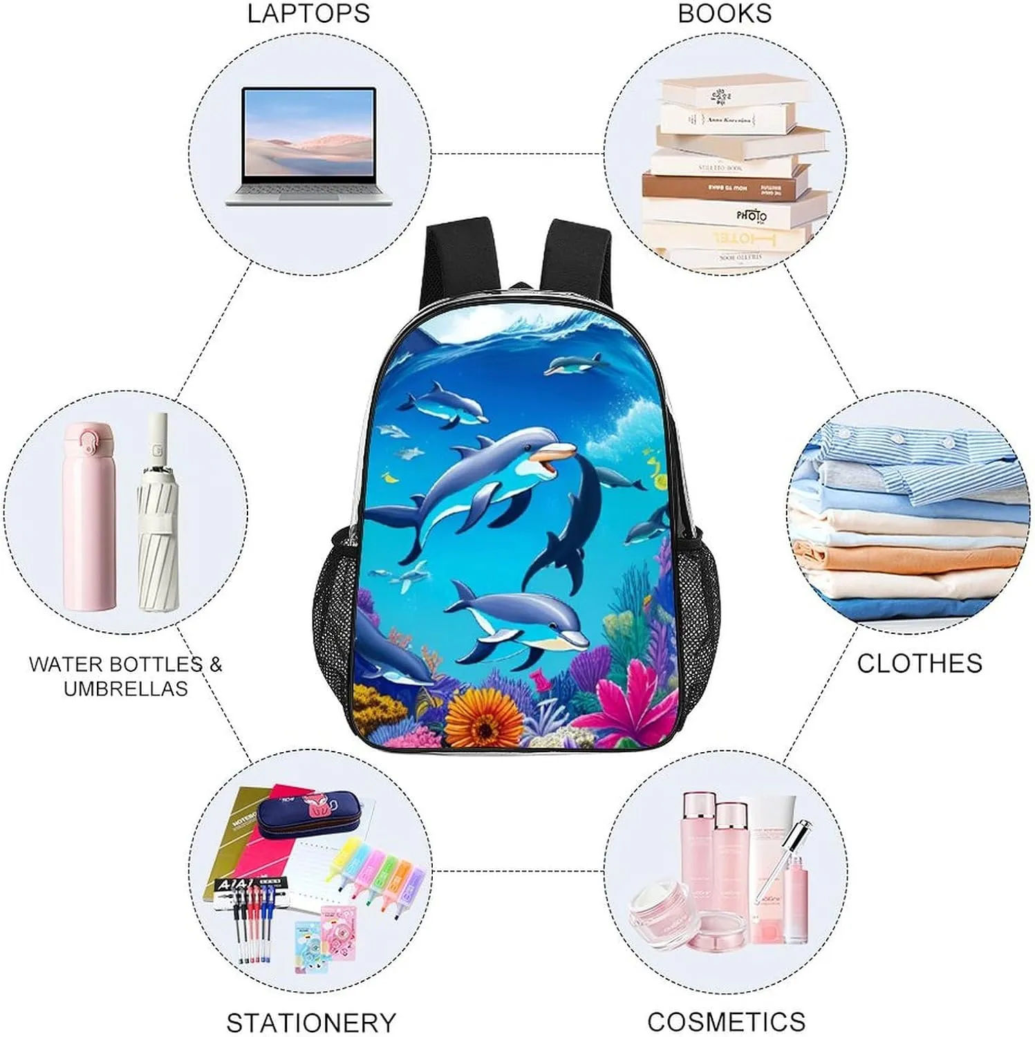 Backpack Anti-Theft Multipurpose Large Capacity Carry On Bag - Dolphins Sea Underwater Beautiful Sea World Art Camping Outdoor Backpack Transparent Bag