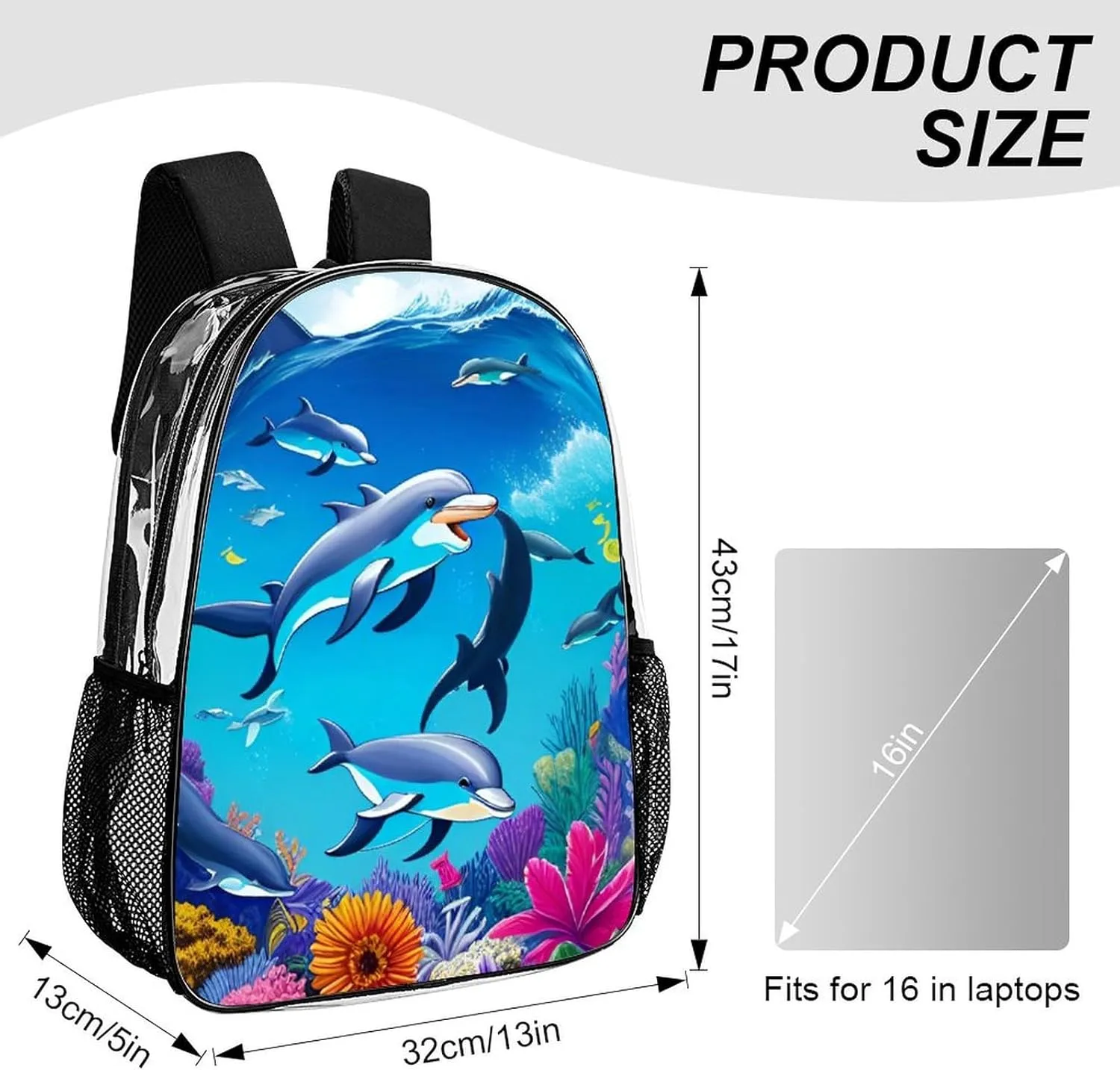 Backpack Anti-Theft Multipurpose Large Capacity Carry On Bag - Dolphins Sea Underwater Beautiful Sea World Art Camping Outdoor Backpack Transparent Bag