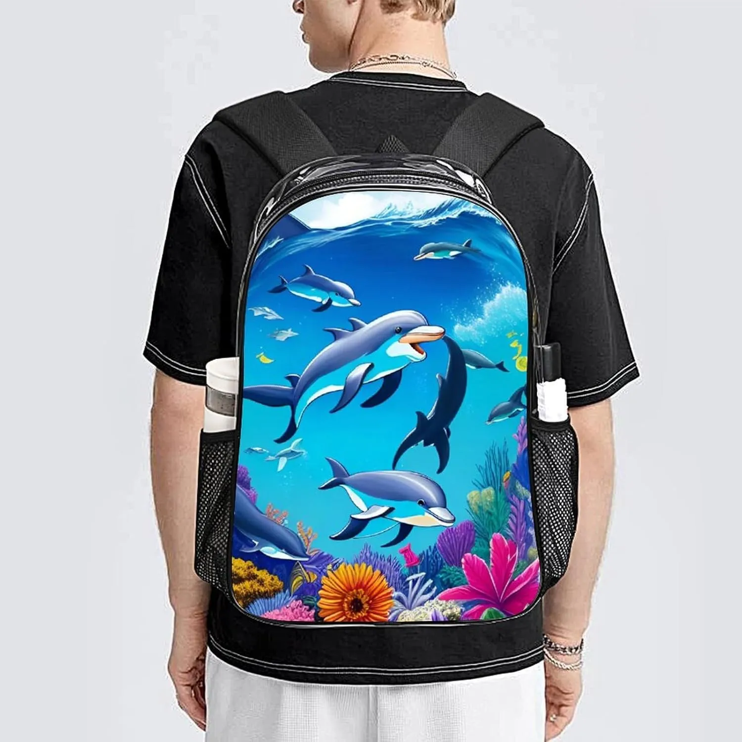Backpack Anti-Theft Multipurpose Large Capacity Carry On Bag - Dolphins Sea Underwater Beautiful Sea World Art Camping Outdoor Backpack Transparent Bag