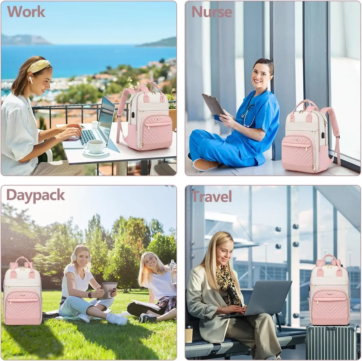 Backpack for Women Laptop Bag: Work Travel Backpacks Fits 17 inch Computer Waterproof College Bookbag with USB Charger Anti-theft Business Casual Backpack Purse for Nurse Teacher Beige Pink