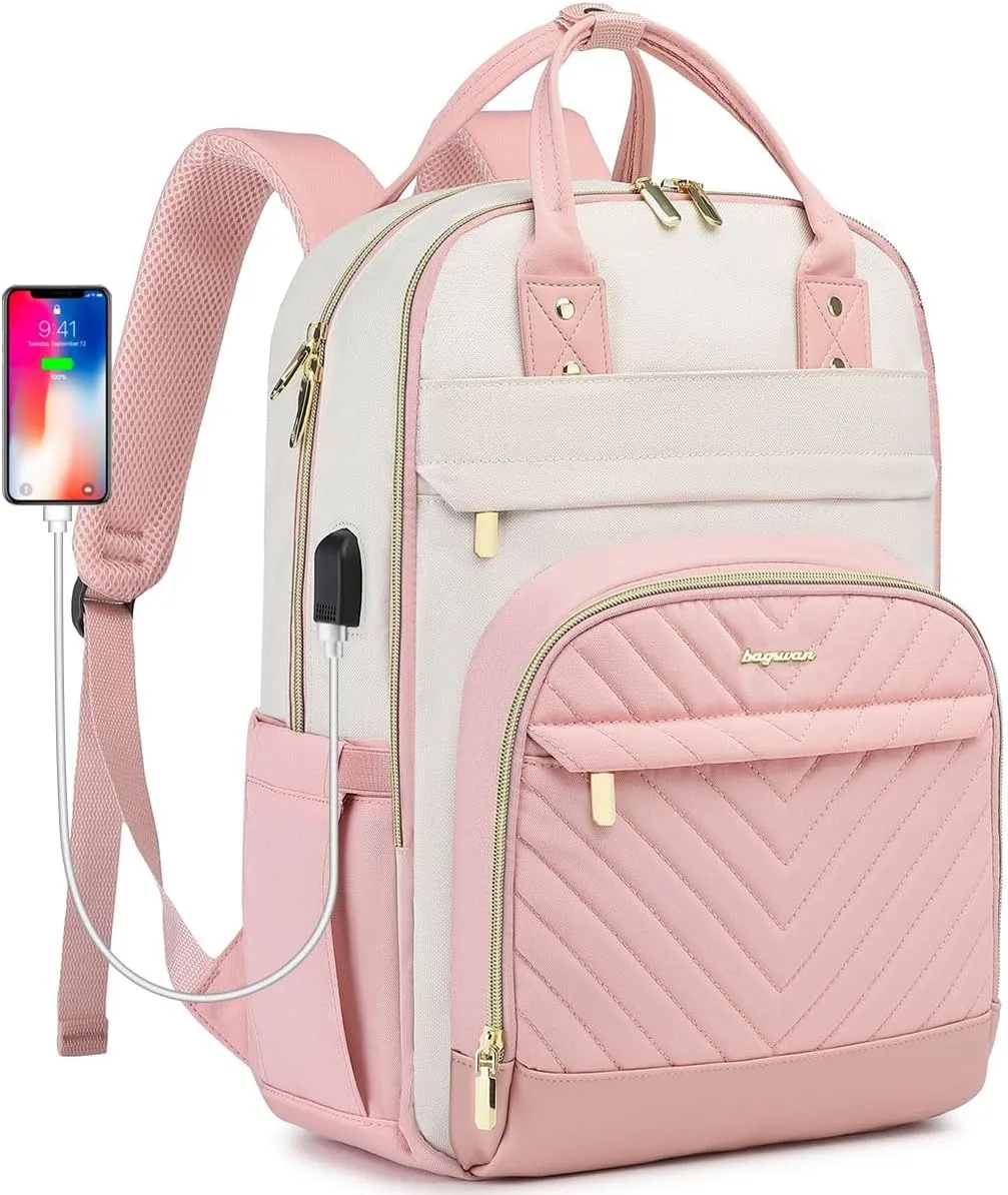 Backpack for Women Laptop Bag: Work Travel Backpacks Fits 17 inch Computer Waterproof College Bookbag with USB Charger Anti-theft Business Casual Backpack Purse for Nurse Teacher Beige Pink