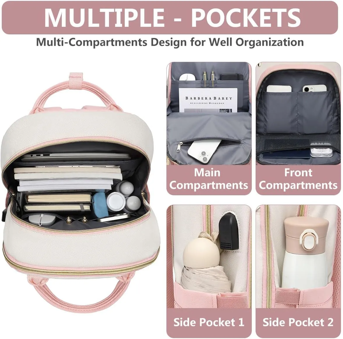 Backpack for Women Laptop Bag: Work Travel Backpacks Fits 17 inch Computer Waterproof College Bookbag with USB Charger Anti-theft Business Casual Backpack Purse for Nurse Teacher Beige Pink