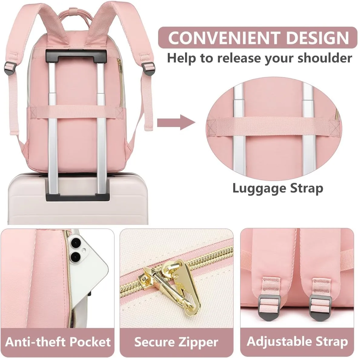 Backpack for Women Laptop Bag: Work Travel Backpacks Fits 17 inch Computer Waterproof College Bookbag with USB Charger Anti-theft Business Casual Backpack Purse for Nurse Teacher Beige Pink