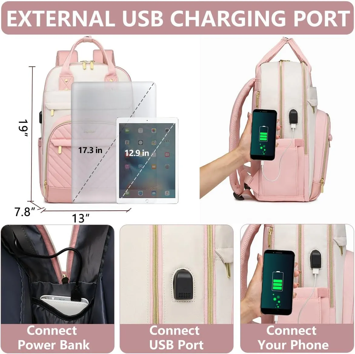Backpack for Women Laptop Bag: Work Travel Backpacks Fits 17 inch Computer Waterproof College Bookbag with USB Charger Anti-theft Business Casual Backpack Purse for Nurse Teacher Beige Pink
