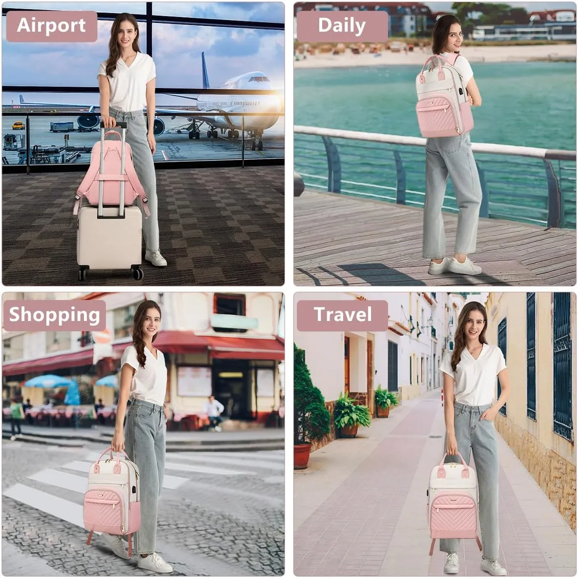 Backpack for Women Laptop Bag: Work Travel Backpacks Fits 17 inch Computer Waterproof College Bookbag with USB Charger Anti-theft Business Casual Backpack Purse for Nurse Teacher Beige Pink