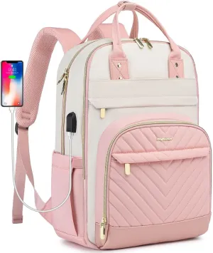 Backpack for Women Laptop Bag: Work Travel Backpacks Fits 17 inch Computer Waterproof College Bookbag with USB Charger Anti-theft Business Casual Backpack Purse for Nurse Teacher Beige Pink