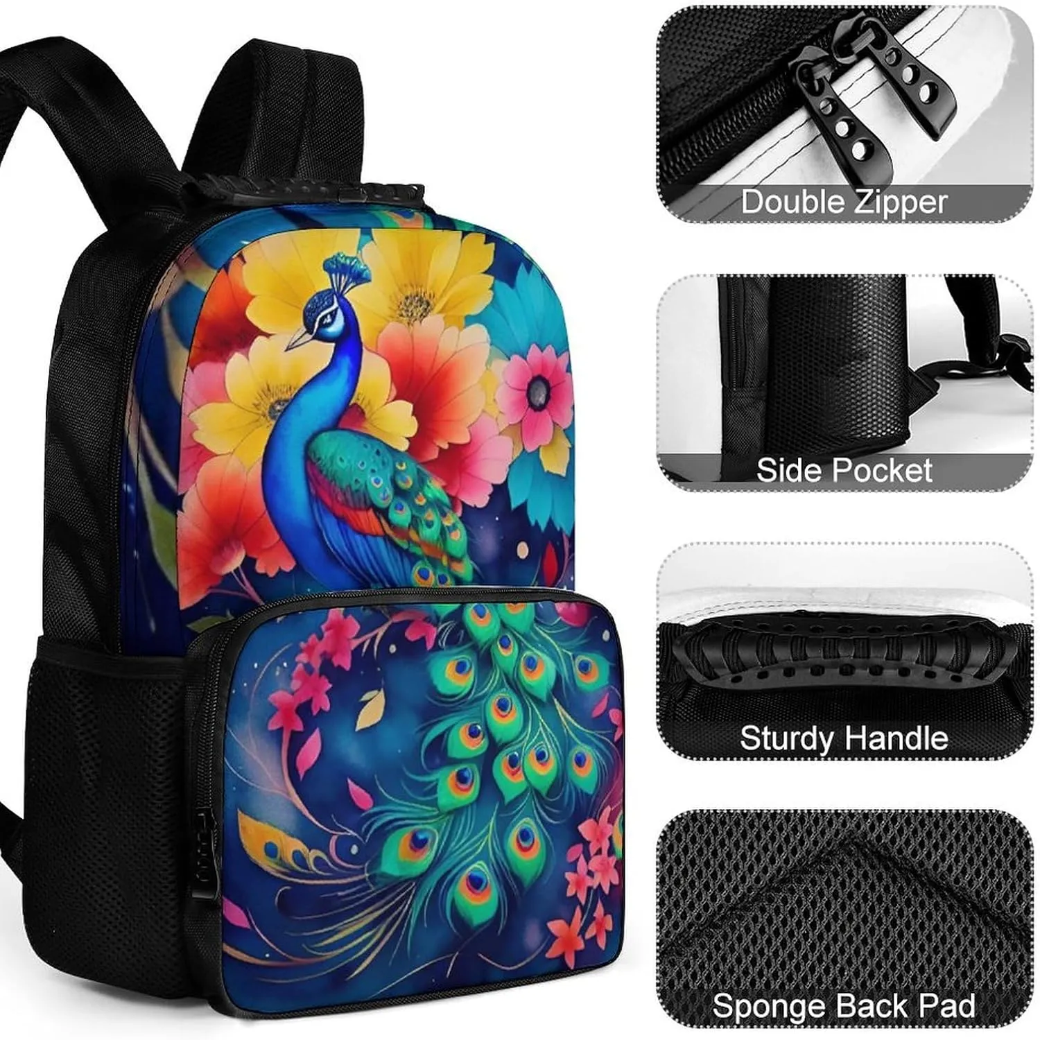 Backpack Multipurpose Anti-Theft Large Capacity Bookbag - Beautiful Peacock Watercolor Art Travel Hiking Daypack With Side Pockets