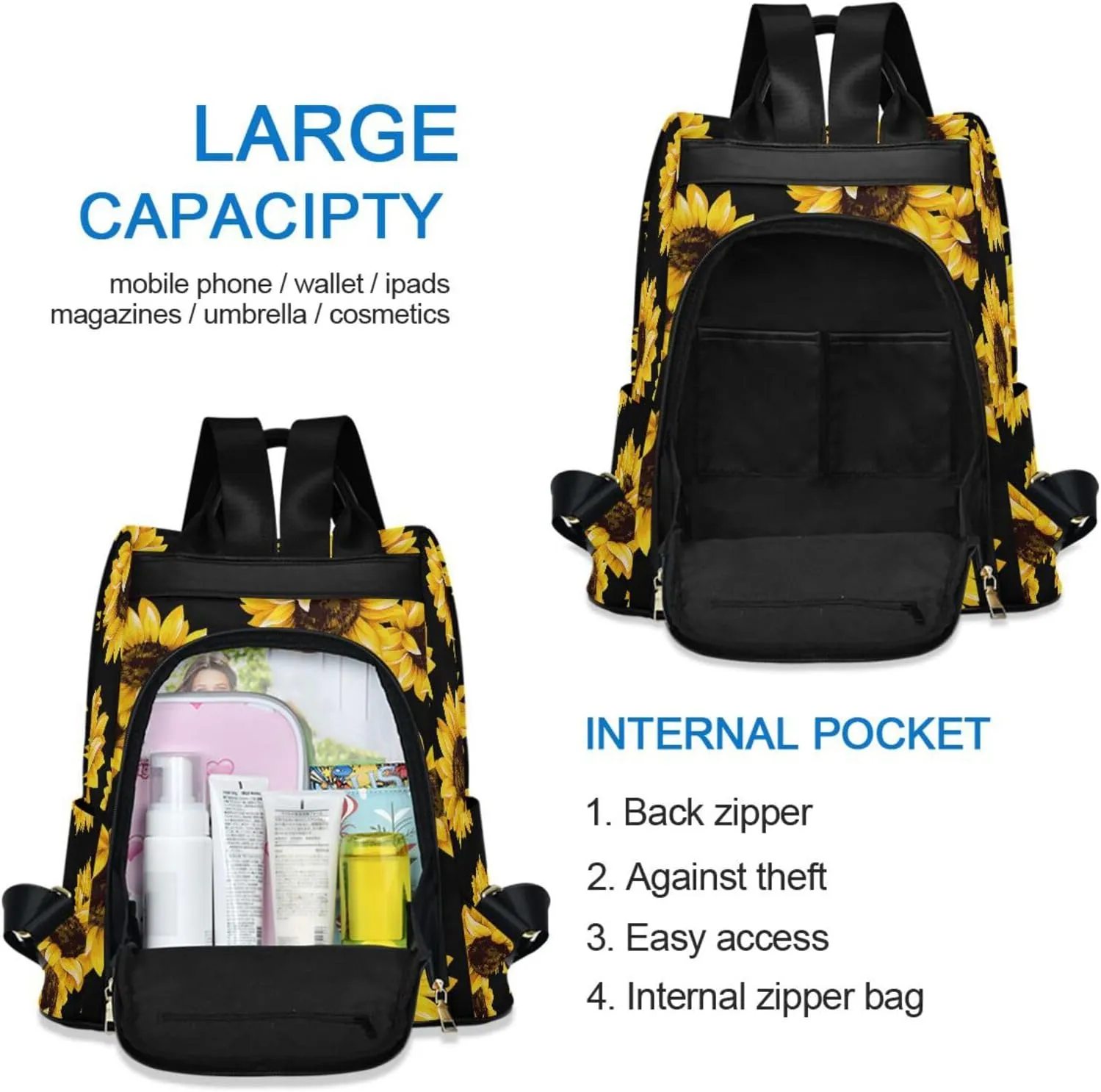 Backpack Purse for Women Anti Theft Daypack Polyester Travel Bag Crossbody Shoulder Bag Sunflower