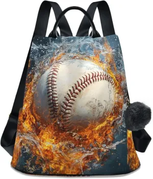 Backpack Purse for Women Baseball Fire Water Flame Nylon Anti-theft Fashion Travel Back Pack Lightweight Shoulder Bag with Plush Ball Keychain