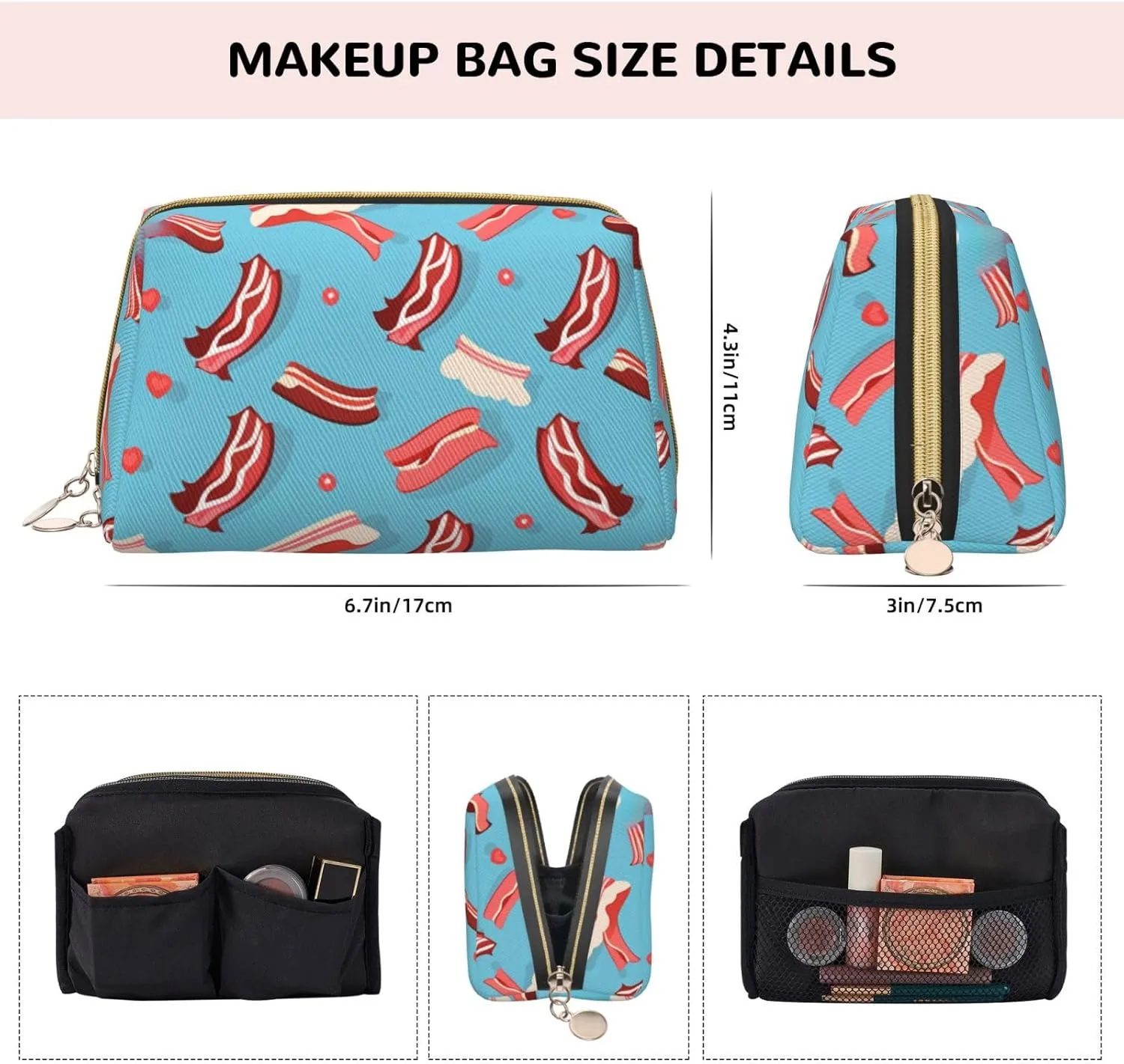 Bacon Pattern Printed Small Makeup Bag,Travel Cosmetic Bag Purse with Zipper,Water-resistant Makeup Organizer Bag for Women