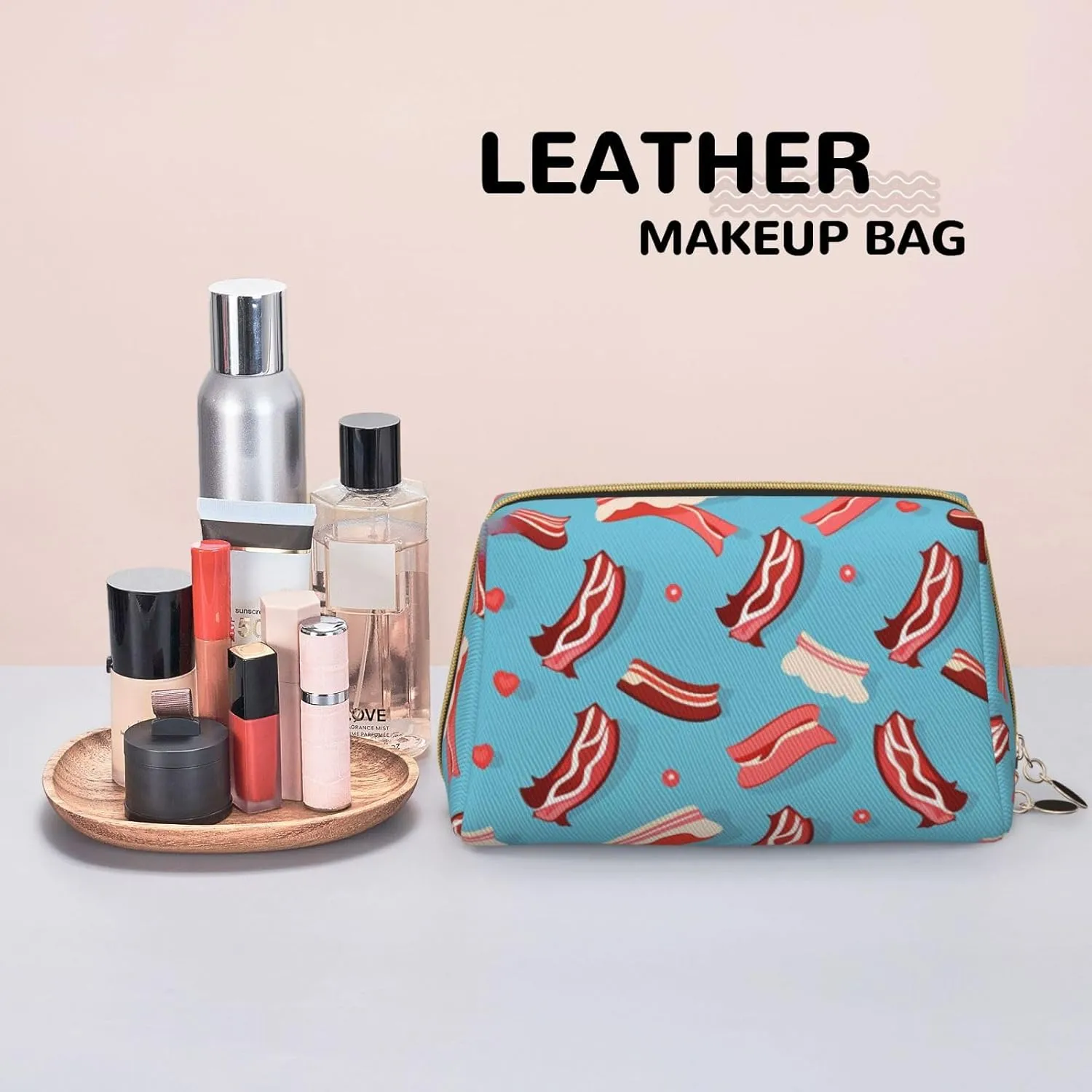 Bacon Pattern Printed Small Makeup Bag,Travel Cosmetic Bag Purse with Zipper,Water-resistant Makeup Organizer Bag for Women