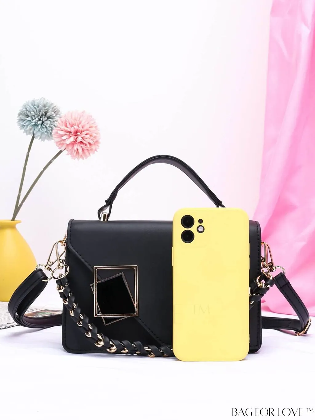 BagForLove - Chic Flap Top Handle Mini Square Bag with Metal Chain Accents
