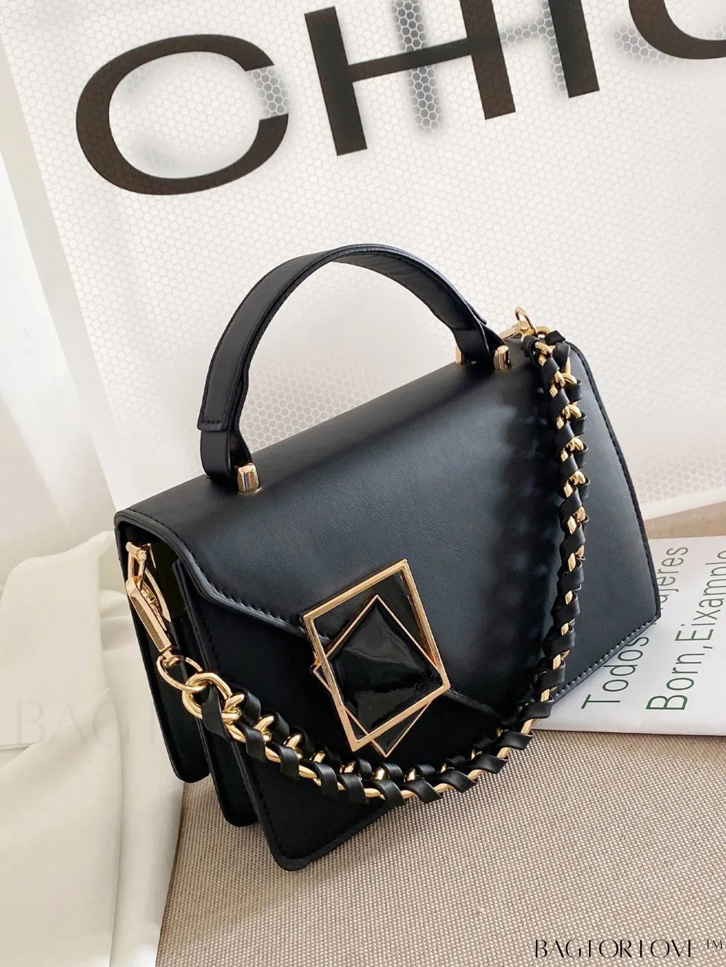 BagForLove - Chic Flap Top Handle Mini Square Bag with Metal Chain Accents