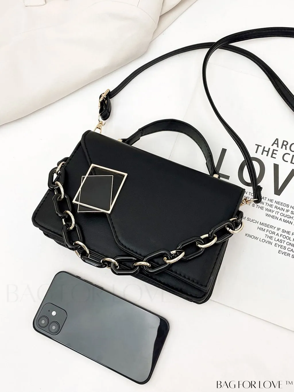 BagForLove - Chic Flap Top Handle Mini Square Bag with Metal Chain Accents