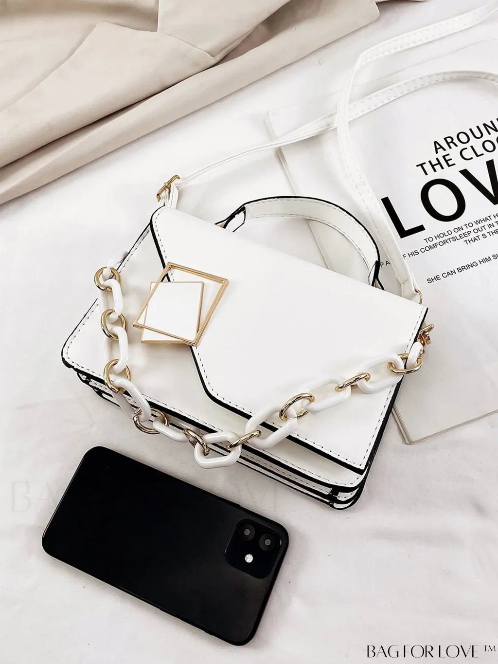 BagForLove - Chic Flap Top Handle Mini Square Bag with Metal Chain Accents