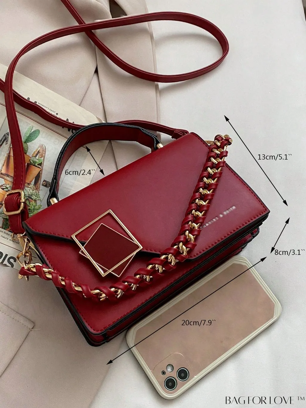 BagForLove - Chic Flap Top Handle Mini Square Bag with Metal Chain Accents