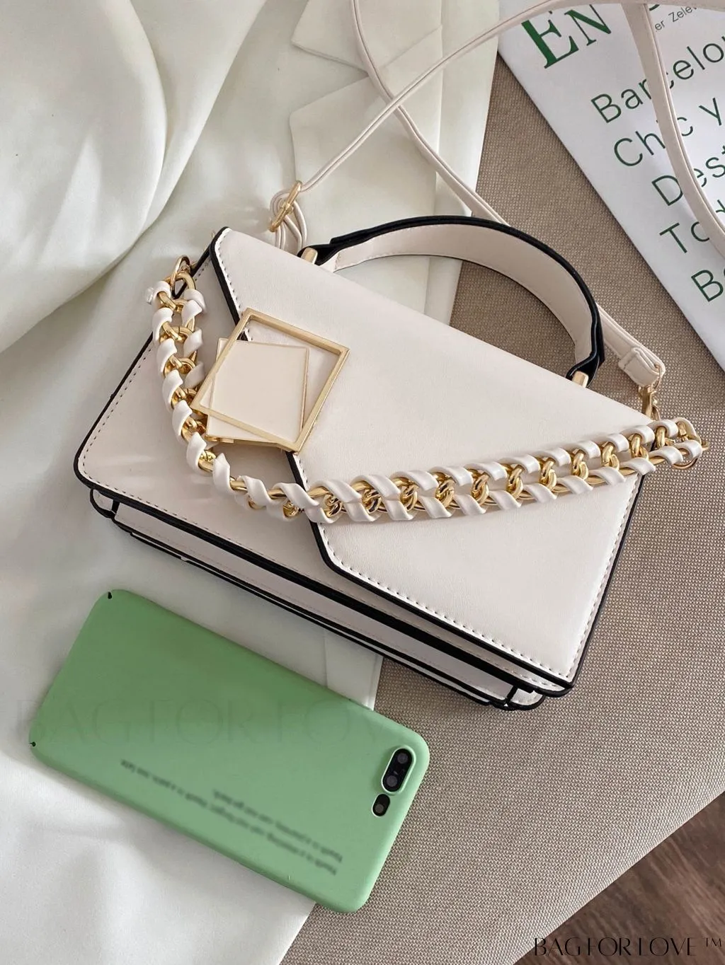 BagForLove - Chic Flap Top Handle Mini Square Bag with Metal Chain Accents