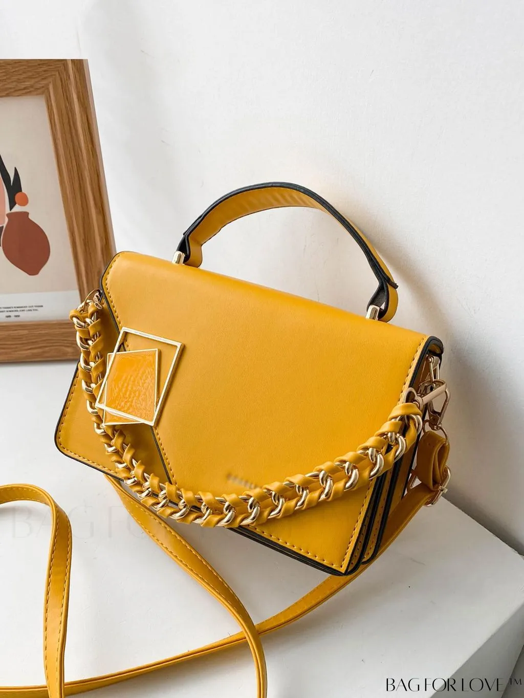 BagForLove - Chic Flap Top Handle Mini Square Bag with Metal Chain Accents