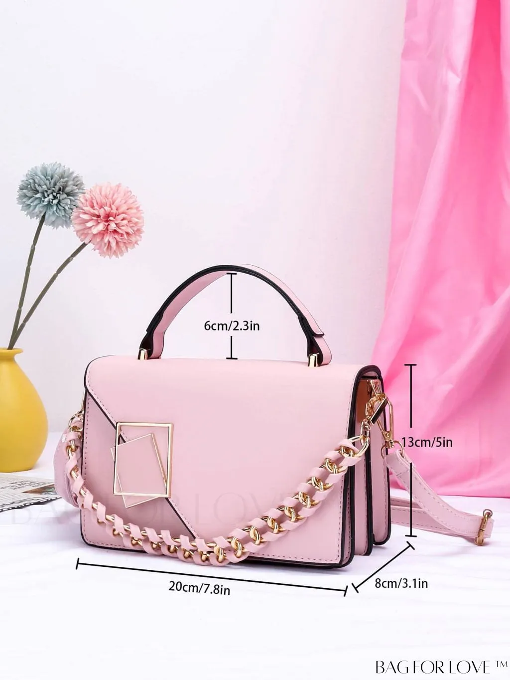 BagForLove - Chic Flap Top Handle Mini Square Bag with Metal Chain Accents