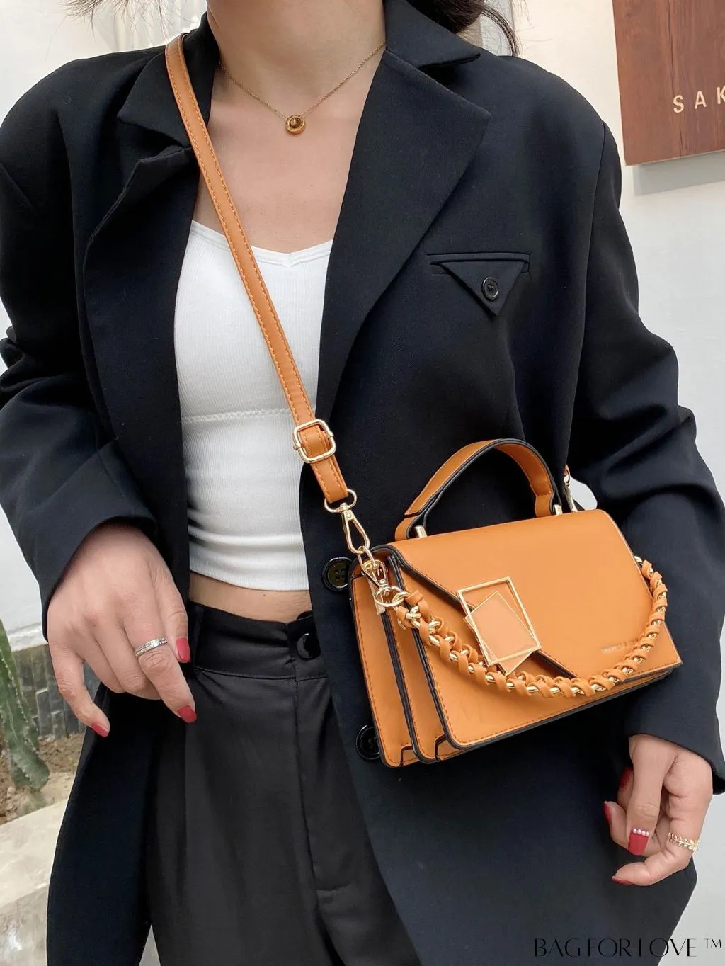 BagForLove - Chic Flap Top Handle Mini Square Bag with Metal Chain Accents