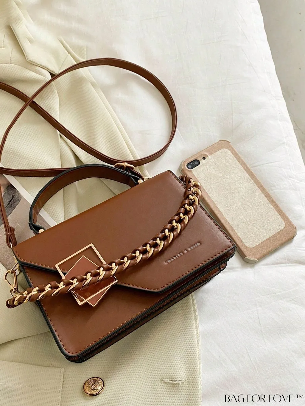 BagForLove - Chic Flap Top Handle Mini Square Bag with Metal Chain Accents
