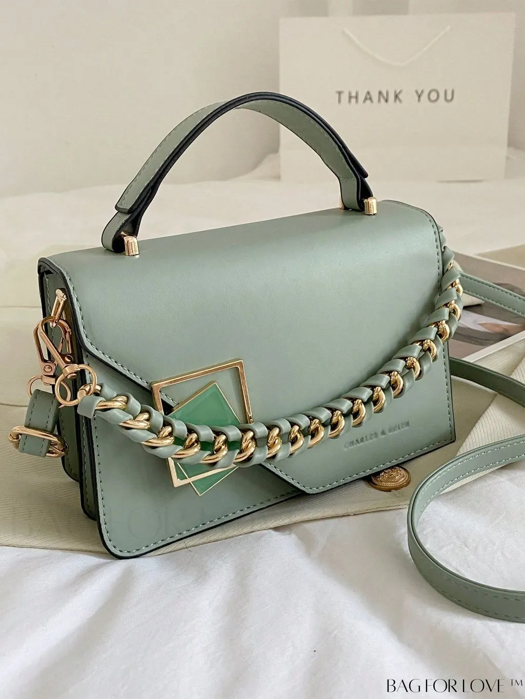 BagForLove - Chic Flap Top Handle Mini Square Bag with Metal Chain Accents