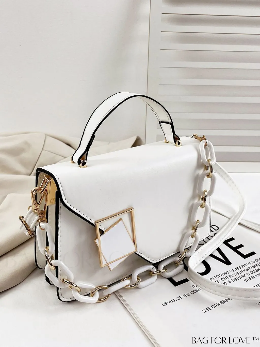 BagForLove - Chic Flap Top Handle Mini Square Bag with Metal Chain Accents